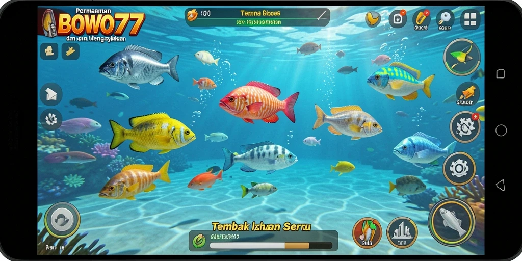 Tampilan gameplay BOWO77 yang seru dengan banyak ikan untuk ditangkap.