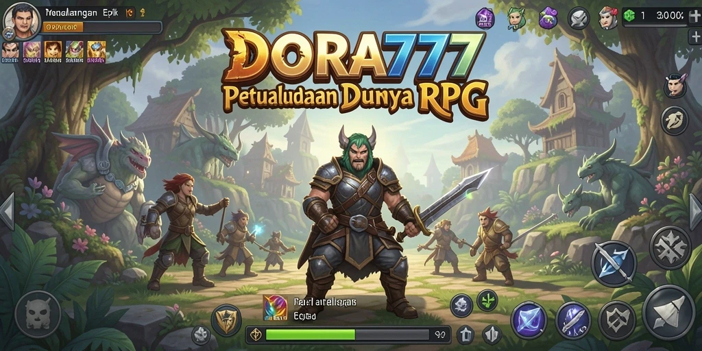 Screenshot utama DORA77 menampilkan karakter dalam pertarungan RPG yang seru.