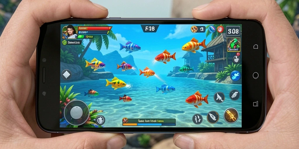 Screenshot utama F08 menampilkan keseruan gameplay Tembak Ikan.