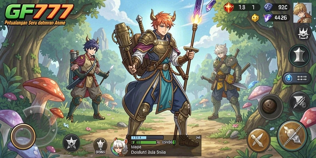 Tampilan screenshot gameplay <strong>GF777</strong> yang menampilkan karakter anime yang dinamis.