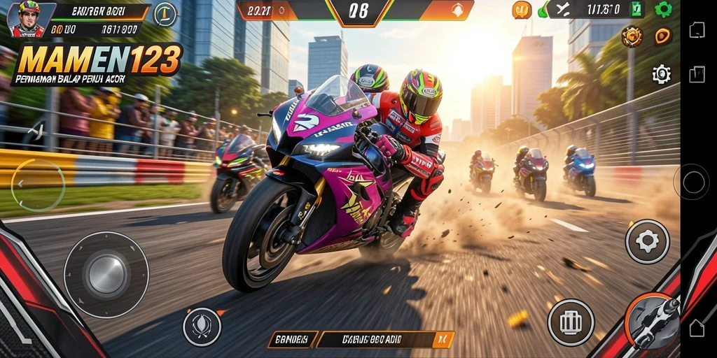 Tampilan seru gameplay MAMEN123 dengan balapan motor yang mendebarkan.