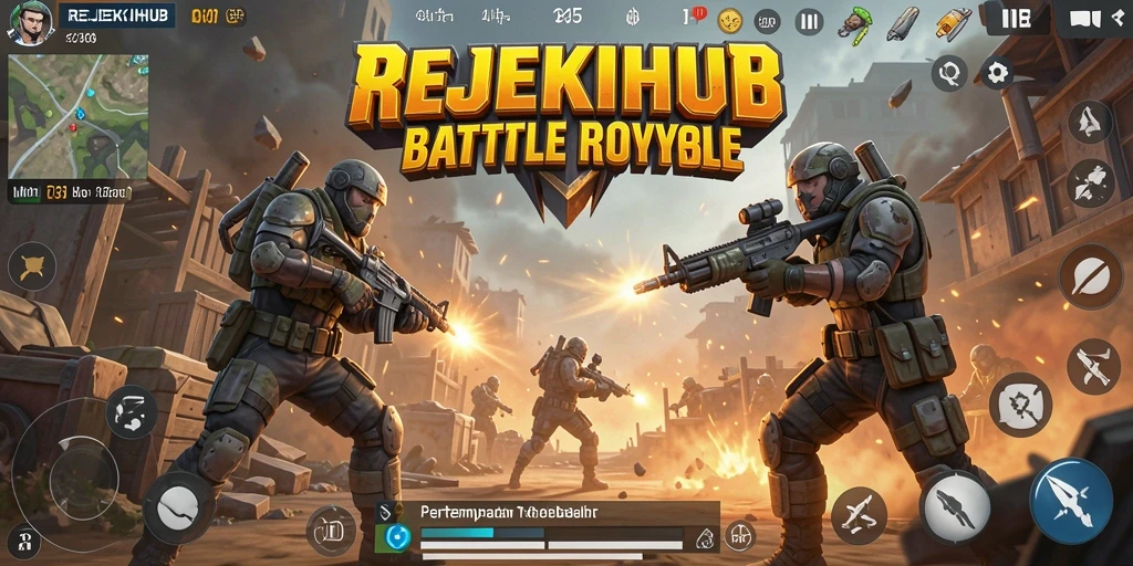 Tampilan gameplay seru dari REJEKIHUB dalam pertempuran Battle Royale.