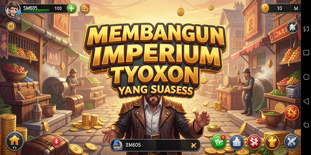 Tampilan gameplay SM605 yang menunjukkan manajemen bisnis yang mendalam.