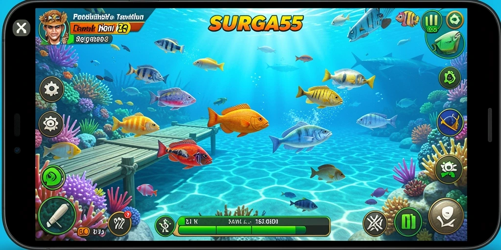 Tampilan gameplay seru dalam SURGA55 saat menembak ikan.