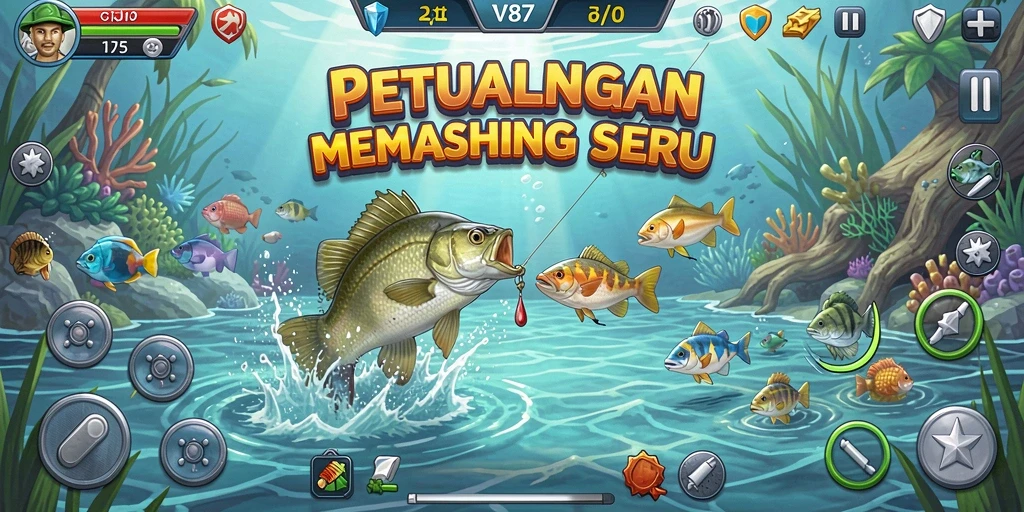 Tampilan gameplay V87 yang mendebarkan saat memancing ikan besar.